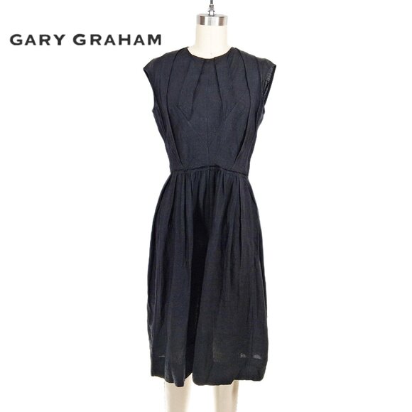 Gary Graham Dresses & Skirts - Gary Graham Black Silk Linen Dress Geometric Pleating Crew Neck SZ 2 Avant Garde